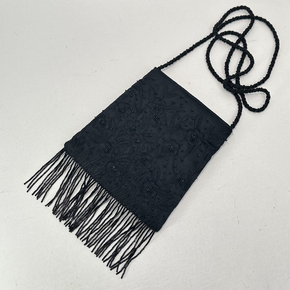 Vtg Magid Crossbody Handbag Women Small Black Beaded Satin Purse Fringe Bag